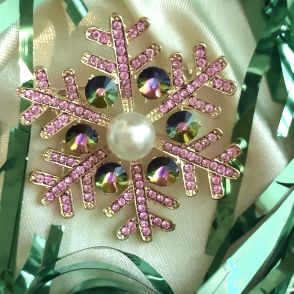 Goldtone Snowflake Brooch w/Pink Rainbow Iridescent Crystals